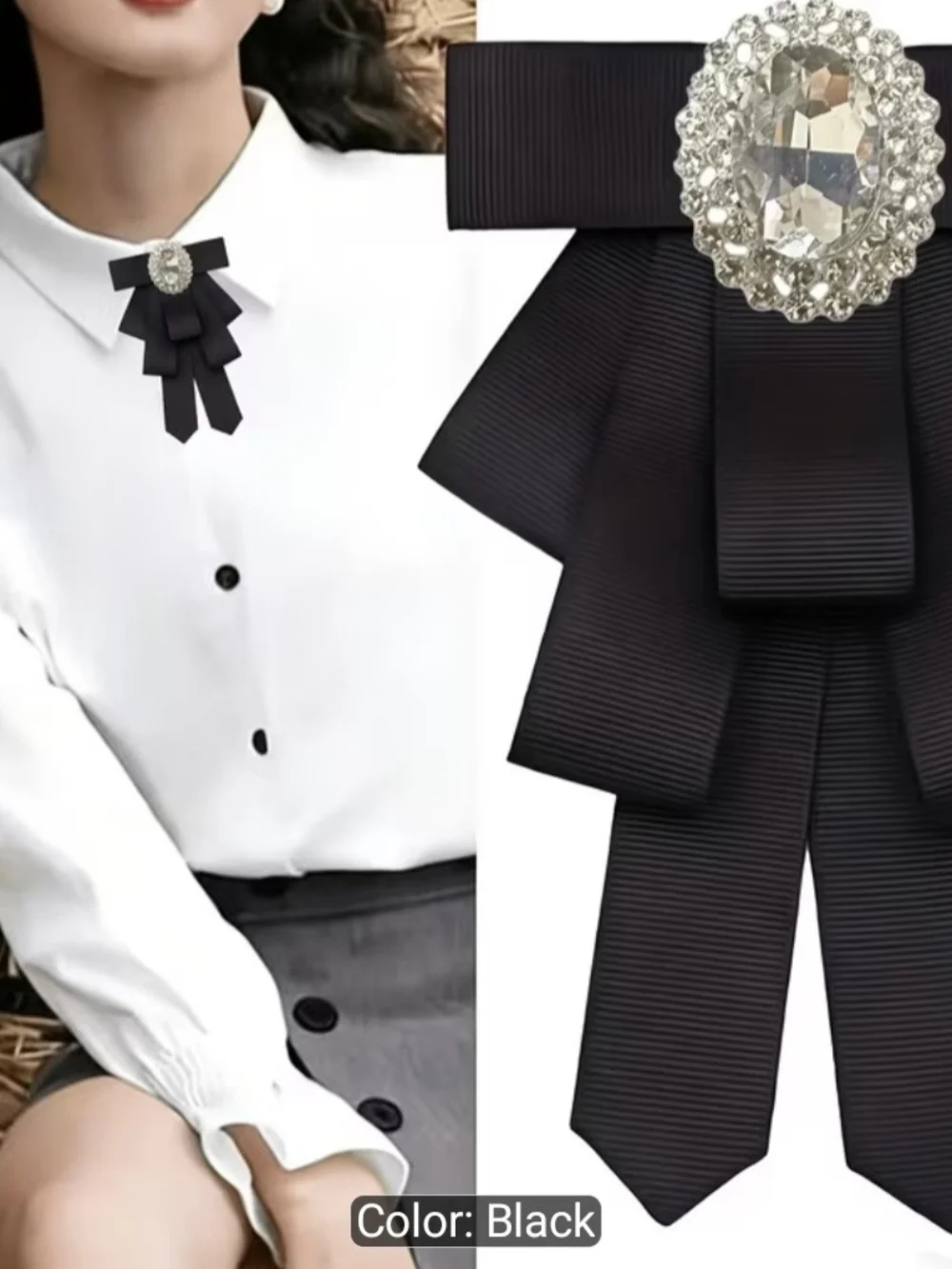 Black Ribbon Wall Decor with Crystal Brooch -